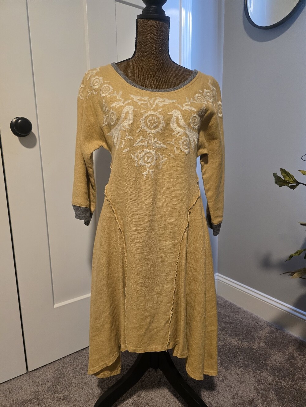 Embroidered Mustard Yellow Long-Sleeve Dress